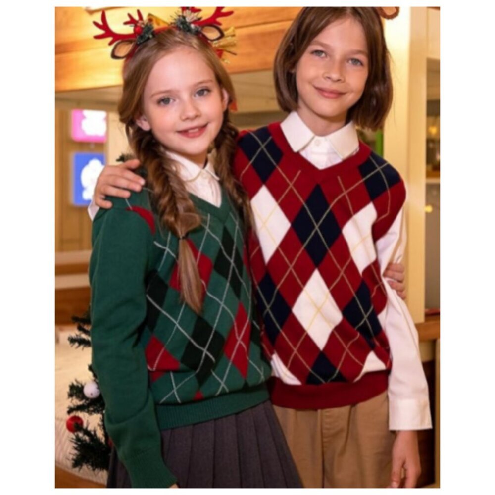BOBOYOYO Argyle Sweater Vest 100% Cotton V-Neck Vest Kids